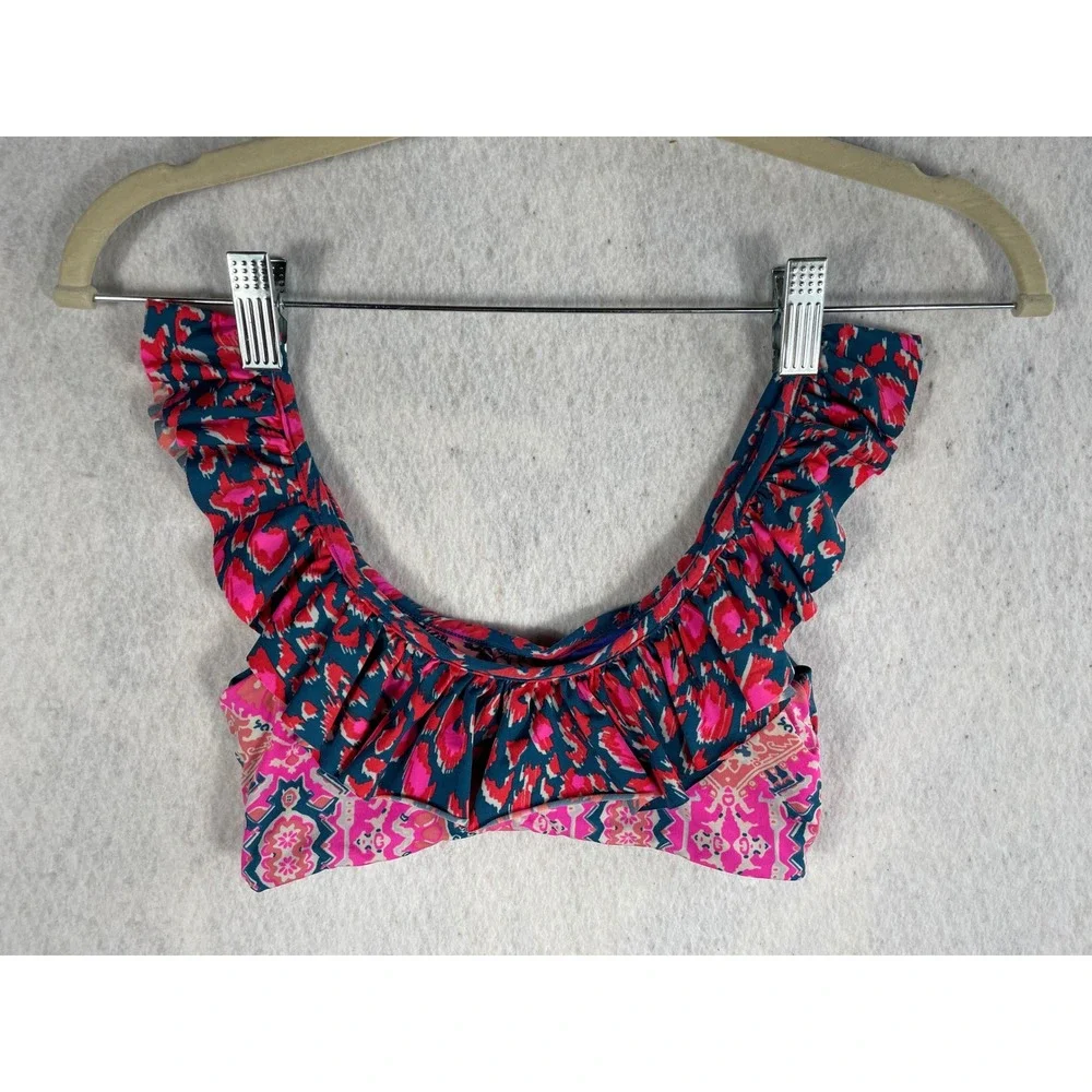 Maaji Kids Reversible Ruffle Bikini Top Floral Abstract Blue Pink Swim Size 12